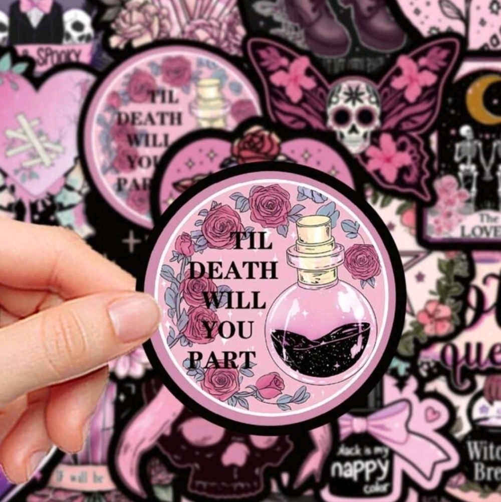 Pink pastel goth anime heart skull crystal butterfly vinyl sticker 50 piece asso - Picture 6 of 8